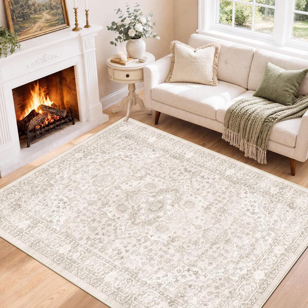 SameBed 9x12 Area Rug Living Room, Vintage Washable Carpet Neutral Beige