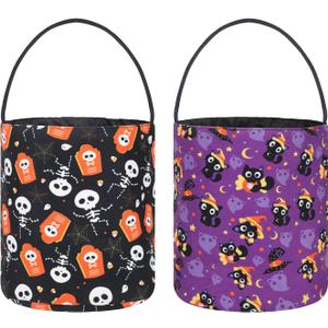 FINGOOO 2 Pack Kids Halloween Trick or Treat Buckets, Black Purple Cute Canvas Candy Tote Buckets Halloween Baskets 8 x 10 Inch