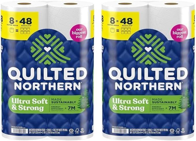 QUILTED NORTHERN ULTRA SOFT & STRONG TOILET PAPER, 8 SUPER MEGA ROLLS : 48 REGULAR ROLLS, SUSTAINABLE, PREMIUM SOFT TOILET TISSUE (Pack of 2)