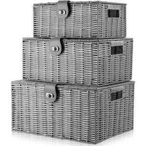 Set of 3 Woven Wicker Storage Basket Box with Lids & Lock, Built-in Carry Handles, Multifunctional Storage Organizer for Nursery, Baby, Clothes, Toys, Books, Large/Medium/Small Size (Grey)
