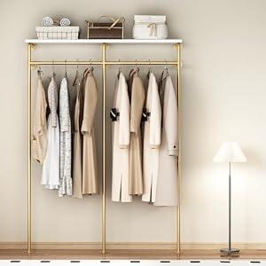 KAILNKISS Industrial Pipe Clothing Rack, Wall Mounted Clothes Rack Gold Clothing Rack with Shelf Wardrobe Multi-Purpose Storage Clothes Hanging Shelf-59''L Gold
