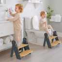 Wooden Step Stool for Toilet, 2-Step Toddler Stool with Handles, Foldable Kids Step Stool for Potty Training, Sturdy Child Stepping Stool for Bathroom Sink, Kitchen Counter Bedroom (Grey, 1 Pack) (Gray)