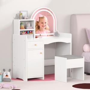 Kids Vanity Table and Chair Set with Lighted Mirror, Toddler Vanity for Girls with Stool, Storage Shelves and Drawer, Little Girls Vanity Set with Mirror and Lights, White