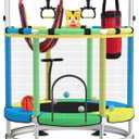 Trampoline for Kids, Adjustable Baby Toddler Trampoline with Basketball Hoop, Round Bottom Indoor Outdoor Toddler with Enclosure (light blue green)