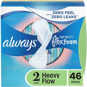 Always Infinity Feminine Pads for Women, Flexfoam Pads with Wings, Size 2, Heavy Absorbency, Unscented, 46 Count