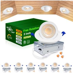 zouzai 3 Inch 5CCT Gimbal Led Recessed Lighting with Junction Box, 2700K/3000K/3500K/4000K/5000K Selectable, 7W Eqv 80W, 360+90 Adjustable Recessed Lights, 800LM Brightness - ETL (White, 6 Pack)