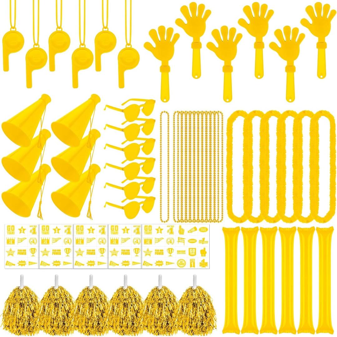Soulchen 180 Pcs Yellow Team Spirit Accessories Bulk Spirit Day Pep Rally Accessories Sporting Events Party Cheerleading Pom Poms Hand Clappers Thunder Stick Whistle Megaphone