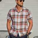COOFANDY Mens Button Up Shirts Short Sleeve Collared Button Down Shirt Men Checkered Shirt Orange