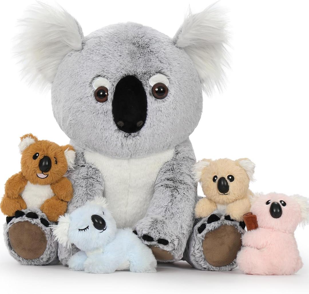 5Pcs Koala Bear Stuffed Animal 17.7 Inch, Mom Koala Plush Toy with 4 Adorable Babies Plushies in Zippered Back, Christmas Birthday Gift for Kids Boys Girls, Room Forest Party Decor