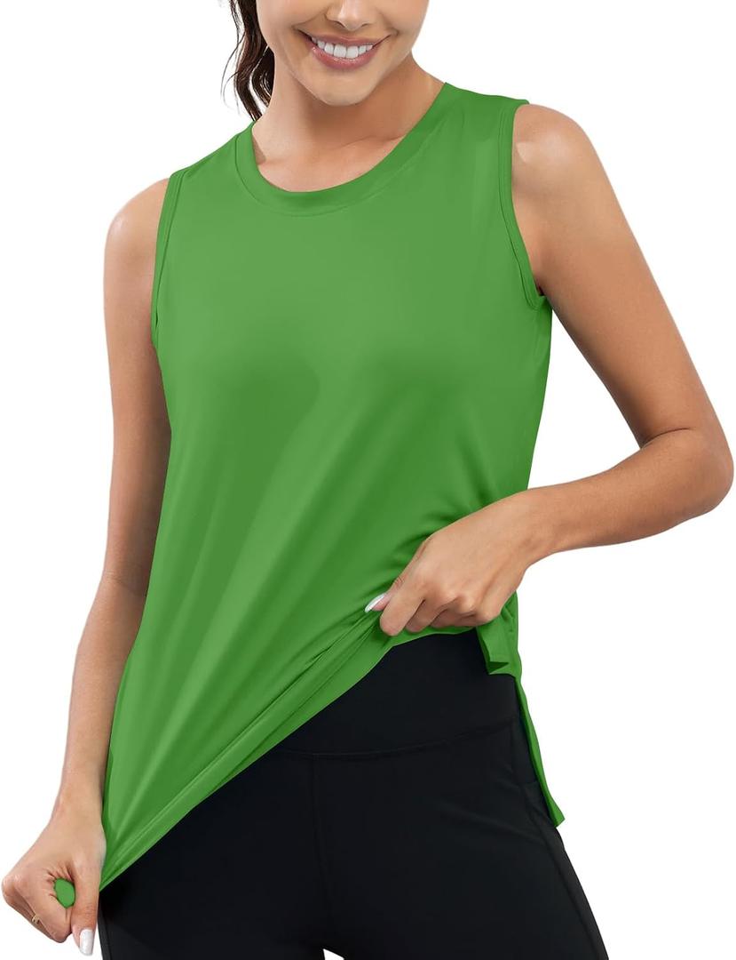 KevaMolly Workout Tank Tops for Women Side Slit Summer Athletic Shirts | Loose Fit,Dri Fit,Breathable,UPF50+,UV Sun Protection,Spf Sleeveless Tops for Exercise Gym Yoga Running (Green, S)