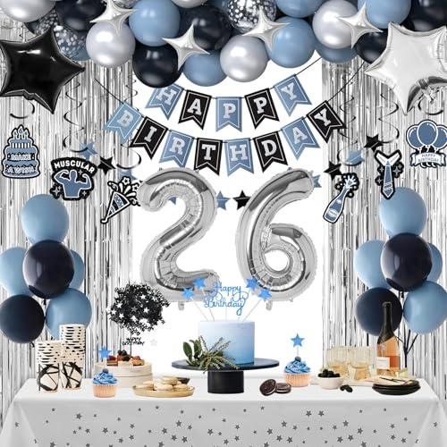 26th Birthday Decorations, Dusty Blue 26 Birthday Decorations for Men Women, Blue Sliver Black Birthday Party Decor with Happy Birthday Banner, Number Balloons, Foil Balloons, Swirl