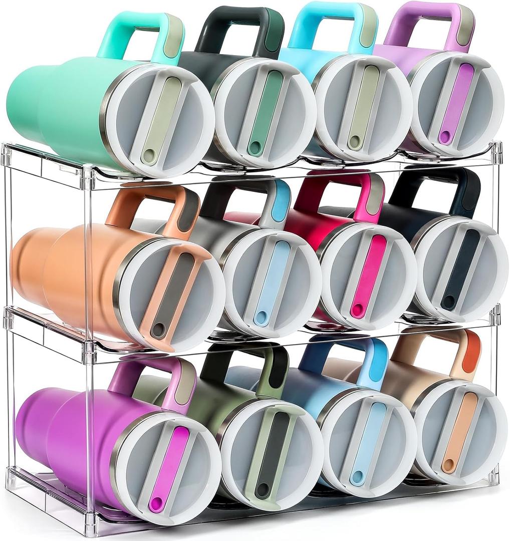 Design for Stanley 40 OZ & Large Bottles & Tumblers with Handle - Acrylic Water Bottle Organizer - Stackable Clear Wine Rack Cup Holder for Home Kitchen Pantry Shelf Countertop Cabinet, 3 Tier Hold 12