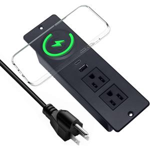 Recessed Power Strip with 15W Wireless Charger,Furniture Recessed Outlet with USB C Fast Charging,Desktop Charging Station & 2 Outlets,2 USB Ports Table Power Strip for Furniture, Home, Office.