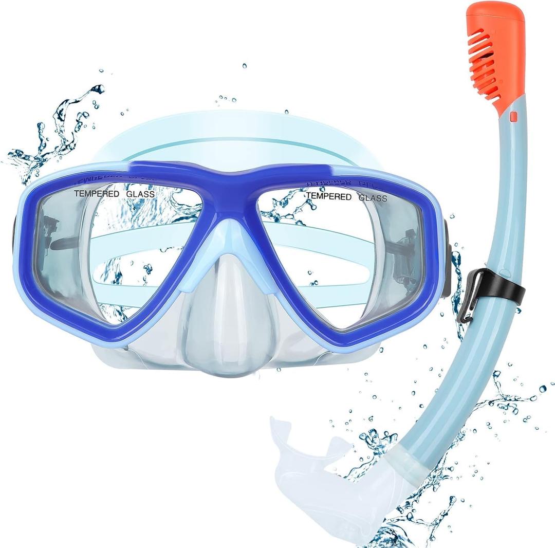 Youth Snorkel Set for Ages 7-16, Snorkeling Gear for Kids with Panoramic View Mask Anti-Fog Anti-Leak Full Dry Top Snorkel Fins Travel Bag for Swimming Diving (Sea Sky Blue)