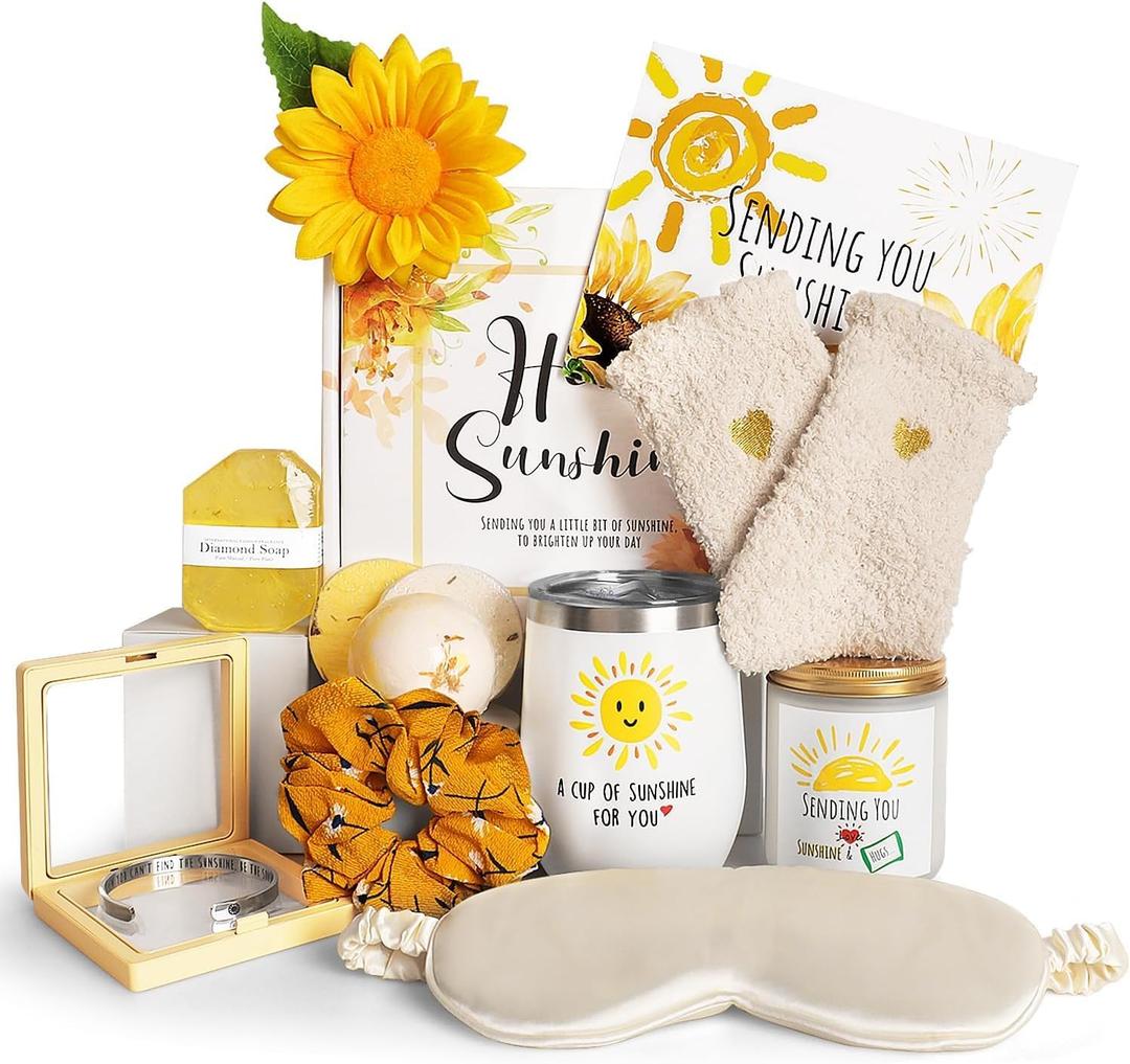 Birthday Gifts for Women, Sending Sunshine Christmas Gifts, Get Well Soon Gifts Basket Care Package Unique Spa Gifts Box with Wine Glasses for Thinking of You Her Sister Best Friend (Yellow)