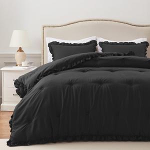 HARBOREST Queen Comforter Ruffle Black, Fluffy Queen Bedding, 3 Pieces Shabby Chic Comforter Set(1 Comforter & 2 Pillow Shams)