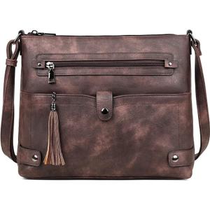 FADEON Large Crossbody Purses for Women Crossbody Bag, Designer Leather Cross Body Purses Multi Pocket Shoulder Bag (Coffee Brown Retro Style)