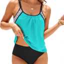 ZAFUL Two Piece Tankini Swimsuit for Women High Waisted Tummy Control Bathing Suit Double Up Tankini Set (Blue, L)
