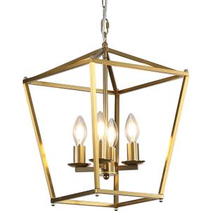 Gold Pendant Light for Dining Room Lantern Chandelier Light Fixture 4 Lights for Kitchen Island Adjustable Brass Geometric Hanging Light for Foyer Entryway