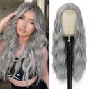 Grey Wig - Long Silver Wavy Wigs for Women Middle Part Gray 26 inch Natural Curly Synthetic Wig Heat Resistant Fiber Wigs for Daily Party Use