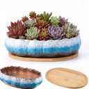 12.2 Inch Large Window Sill Planters Succulent Planter Pot with Tray, White Blue Gradient Glazed Ceramic Shallow Bonsai Planter, Lotus-Shaped Indoor Pot for Cactus & Succulents