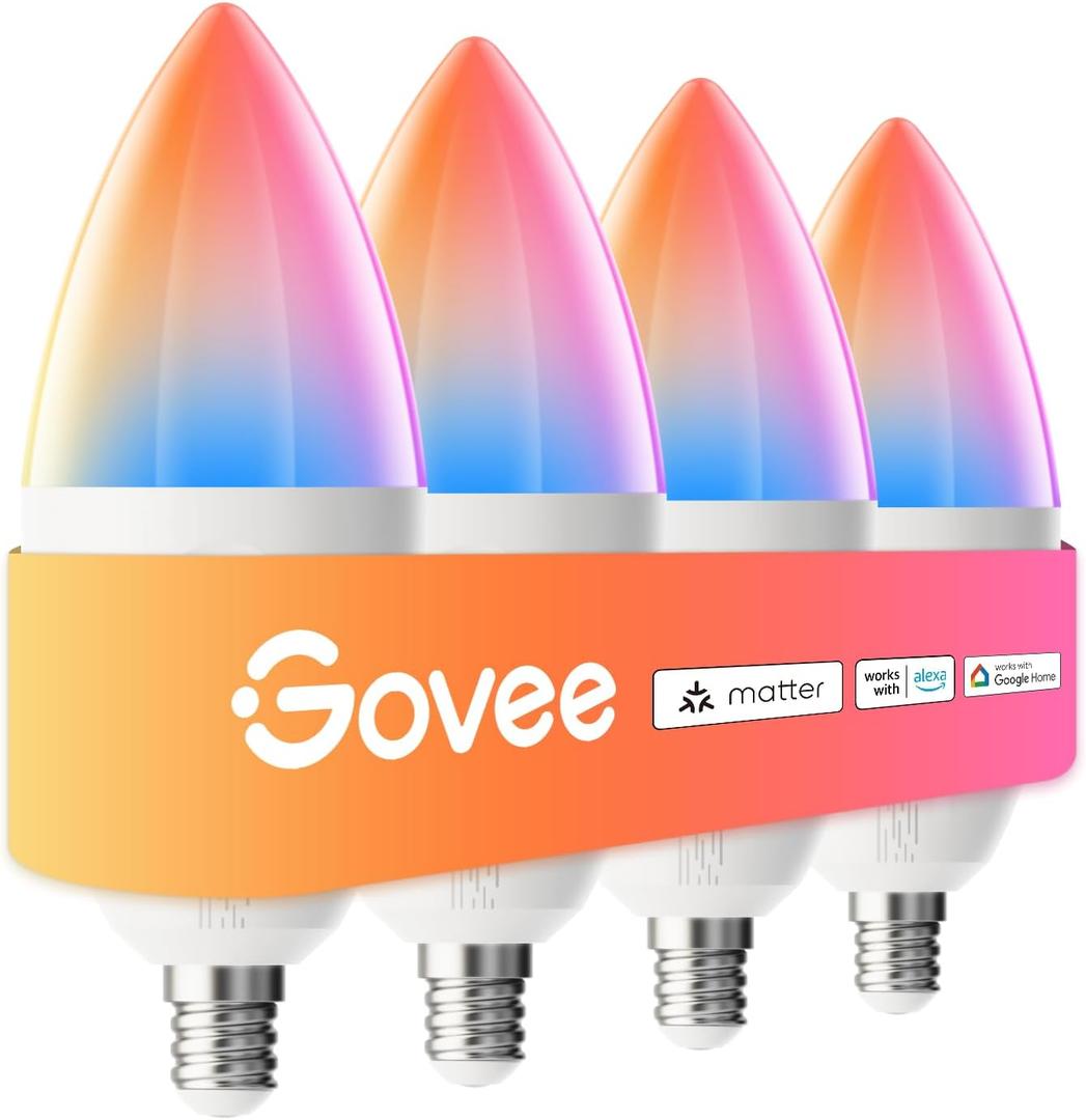 Govee E12 Led Bulb, Smart Light Bulbs Work with Matter, Alexa, Google Assistant, WiFi Candelabra Bulbs 40 Watt Equivalent, RGBWW Color Changing Light Bulb, 2.4GHz Only, 450 LM, 4 Pack