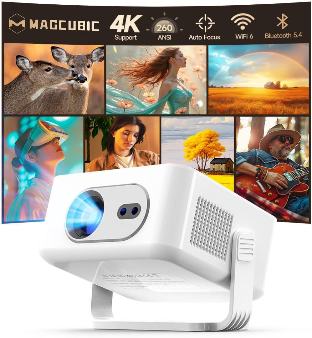 2026 Smart Projector 4K & 8K Support, Portable Projector with WiFi 6 and Bluetooth 5.4, Auto Focus & Vertical Keystone, 180Rotatable, Mini Proyector for Outdoor Home HY300Max (White/Silver)
