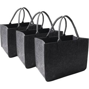 Felt Tote Bag, Large16 x12 x 10" Reusable Bags Dark Grey 3pcs Heavy Duty Grocery Tote Bag with Handles Grocery Tote Shopping Felt Bags for Grocery, Beach, Travel, Study, Gym, Gifts