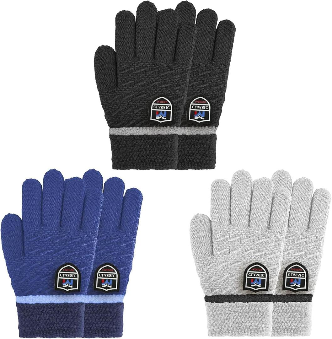 MIG4U 3 Pairs Kids Winter Magic Gloves for Boys and Girls, Warm Knit Children Cold Weather Glove Napping Liner (6-10 years, Stripe Series)