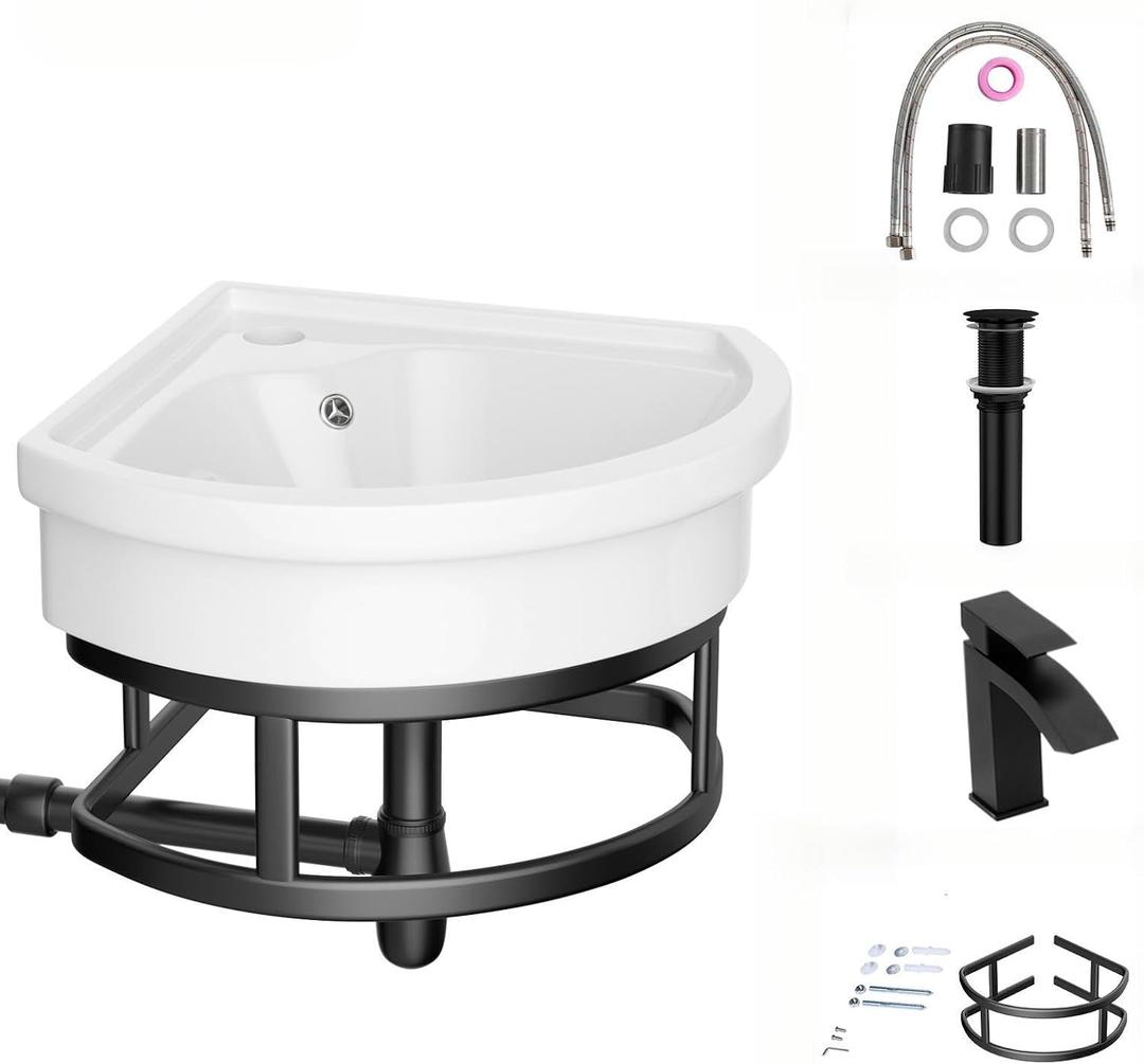 Lordear Corner Wall Mounted Bathroom Sink with Towel Rack 11 4/5" x 11 4/5" Inch Triangular Wall Hung Porcelain Vessel Sink for Small Bathrooms One Hole Vanity Sink for Corner Installation