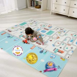 Bammax Extra Large 78" x 70" x 0.4" XPE Foam Baby Play Mat with Travel Bag | Anti-Slip, Waterproof, Foldable & Reversible Padded Playmat | Baby Crawling & Kids Play Mat Giftable Design, Cars & Fire Engine