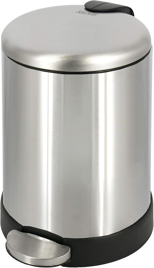 Glad Small Trash Can, 1.2 Gallon | Round Stainless Steel Garbage Bin with Soft Close Lid & Step Foot Pedal | Metal Waste Basket with Removable Inner Bucket, Stainless, 8 x 9.5 x 12 inches