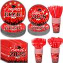 Upigi 175PCS Graduation Plates and Napkins Set 2025 Graduation Party Supplies Tableware Set Include Paper Plate Napkin Cup Knife Fork Spoon for Grad Party Decor Serve25 (Red and Black)