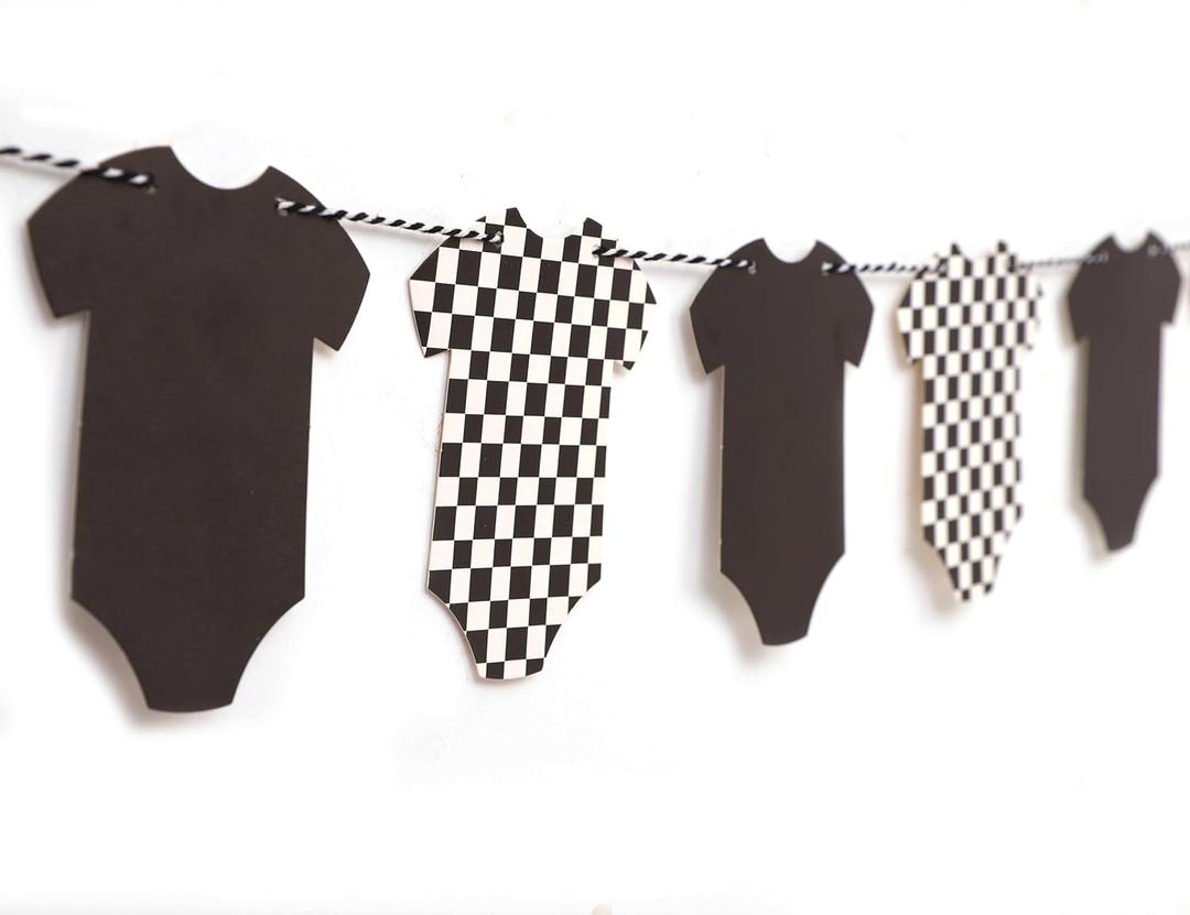 Checkered Bodysuit Baby Shower Banner - Race Car Boy Baby Shower Banner,Little Dude On The Way Decor,Racing Car Onesie Garland(black)