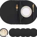 Homaxy Round Faux Leather Placemats and Coasters, Washable Dual-Side Table Mats, Wipeable Heat-Resistant Dining Place Mats for Outdoor and Indoor, Set of 6, Diameter 13 and 3.93 inch, Black