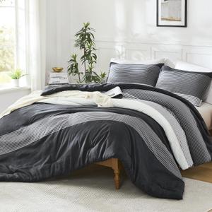 Litanika Oversized Alaskan King Comforter Set Black White Grey 128x120-3 Pieces Lightweight Colorblock Stripe Fluffy Bedding Comforter Sets, All Season Bed Set