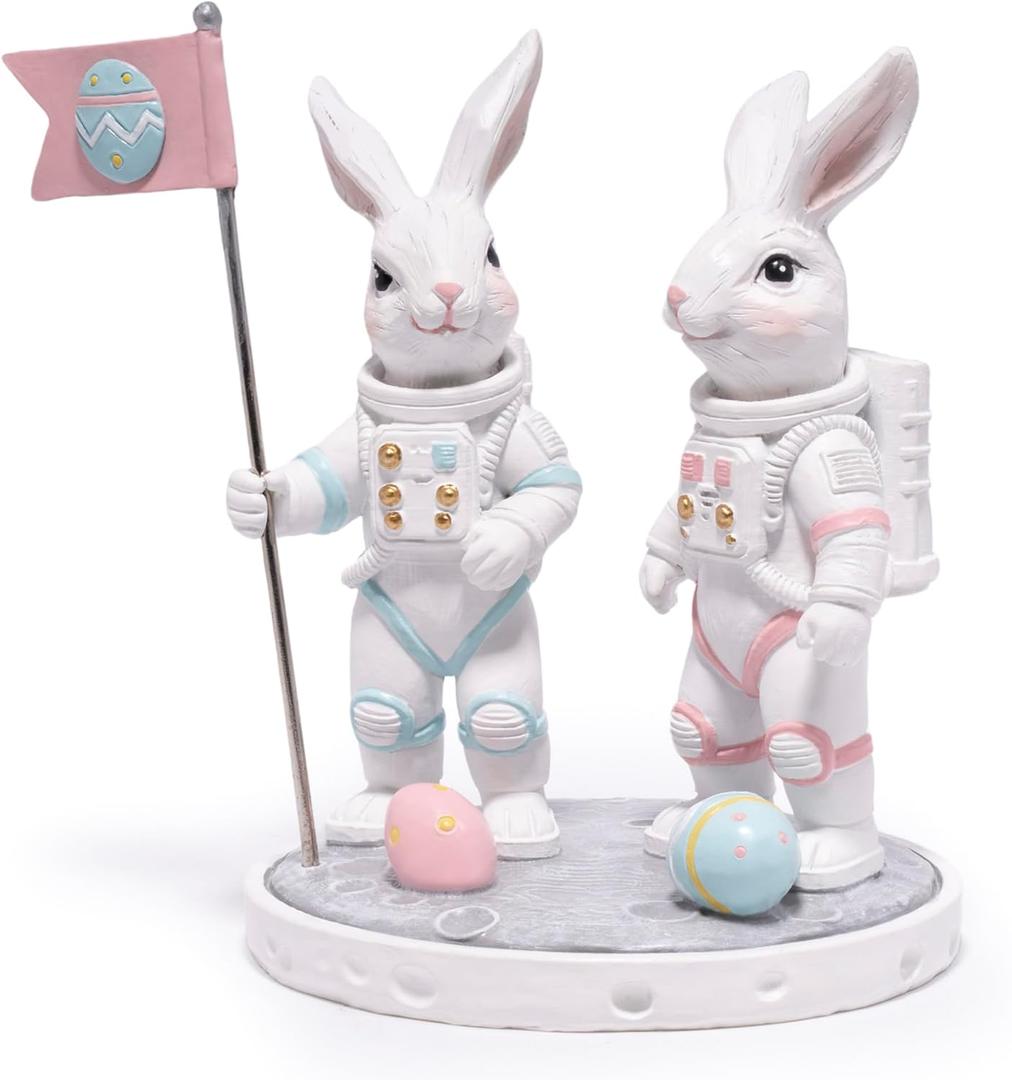 Hodao Astronaut Bunny Figurines, Artemis II Lunar Mission Inspired Space Decor, Resin Moon Rabbit Statues with Flag & Eggs, Cute Astronaut Gifts for Space Lovers, Office & Home Desk Decor