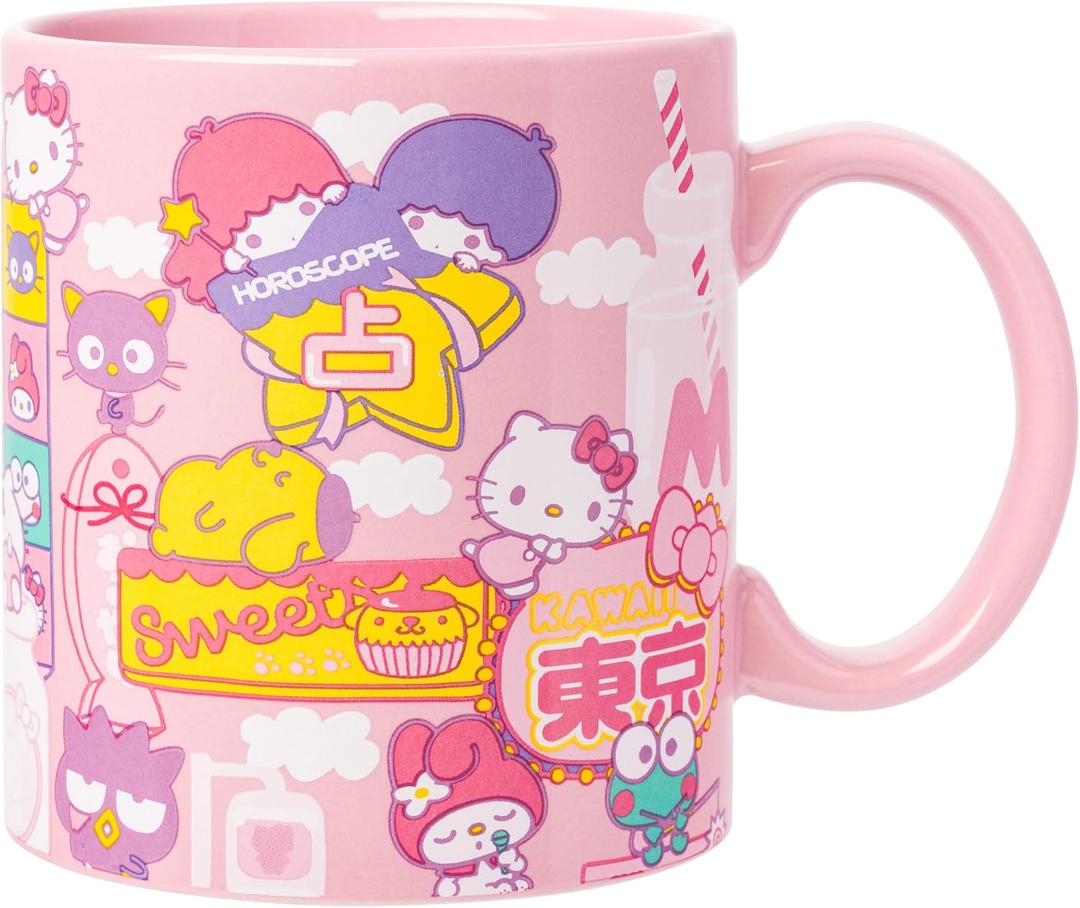 Silver Buffalo Sanrio Hello Kitty and Friends Kawaii Tokyo Theme Featuring Little Twin Stars, Chococat, My Melody, Keroppi, Badtz-Maru, and Pompompurin Ceramic Mug, 20 Ounces