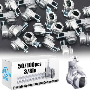 Tandefio 100 Pcs Flexible Conduit Cable Connectors 3/8 Inch Metal Conduit Saddle Connectors, Metal Screw Clamp Type Electrical Fittings for Electric Wires Metallic Protect