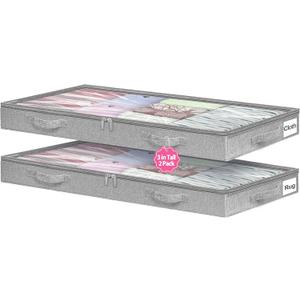 3-Inch High Under Bed Storage Containers, Low Profile Underbed Bins, NO RIGID STRUCTURE, Foldable Clothes Storage Organizer w/Lid & Zipper, Shallow Storage for Low Beds, Couches & Cribs, 2-Pack, Gray
