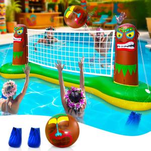 Large Inflatable Luau Tiki Pool Games Volleyball Net Pool Float Set with 9" Beach Ball, Floating Swimming Water Sports Game Toy for Adults & Kids, Summer Luau Tropical Hawaiian Party Supplies