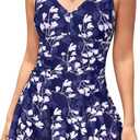 SHEKINI Women's V Neck One Piece Skirt Swimsuit Ruched Retro Swimdress Bathing Suit (Large, Deep Blue Print)