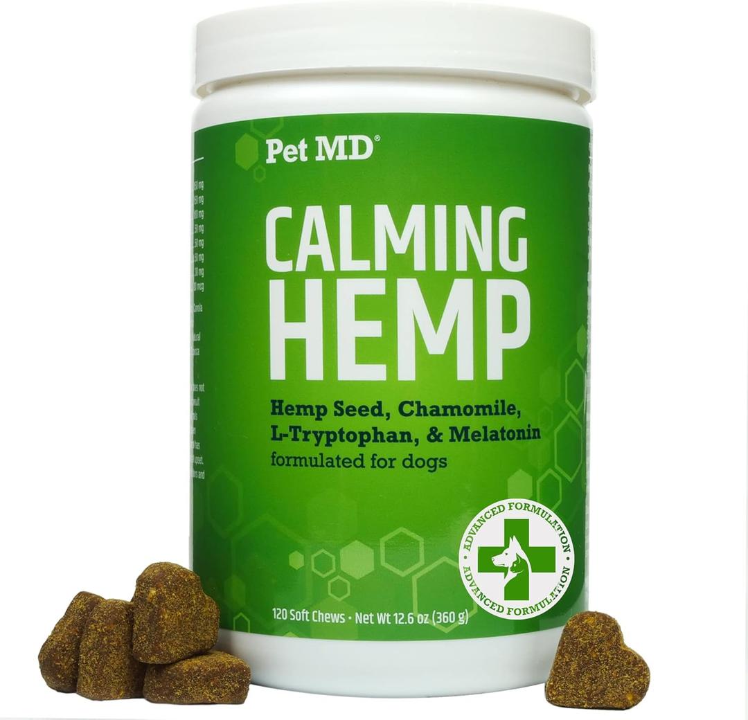 Pet MD Calming Chews for Dogs - Dog Calming Treats with Hemp & Melatonin - Calming, Anxiety Relief, & Separation Relaxant with Chamomile & L-Tryptophan - 120 CT