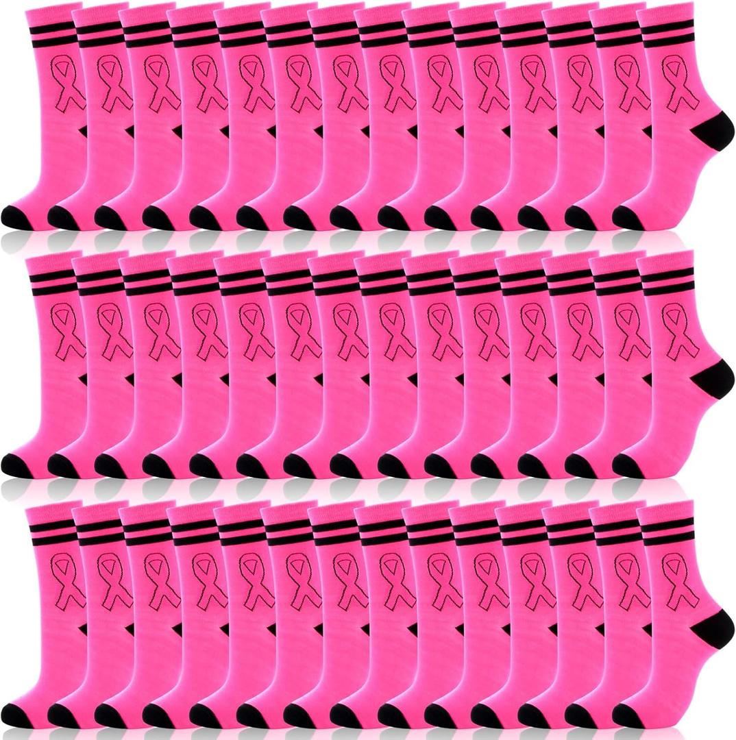 60 Pairs Breast Cancer Awareness Socks Bulk Pink Ribbon Middle Tube Football Socks for Events Youth Adult(Black,Pink)