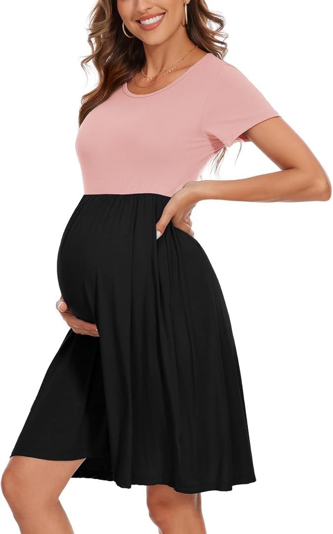 Women's Short Sleeve Maternity Dress Patchwork Pregnancy Clothes with Pockets (Pink-black)