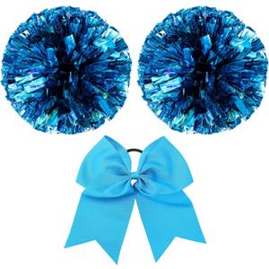 Hanaive 3 Pcs Cheerleading Pom Poms and Large Cheerleader Hair Bow Metallic Cheer Supplies for Team Spirit Sports Dance Cheering (Rainbow Mixed Blue)