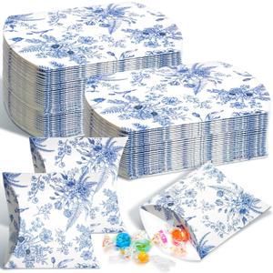 Moinchore 100 Pcs Blue Floral Pillow Boxes Kraft Paper Pillow Gift Boxes Candy Wedding Party Favors Blue Floral Candy Decor for Wedding Baby Bridal Shower Birthday Party Supplies