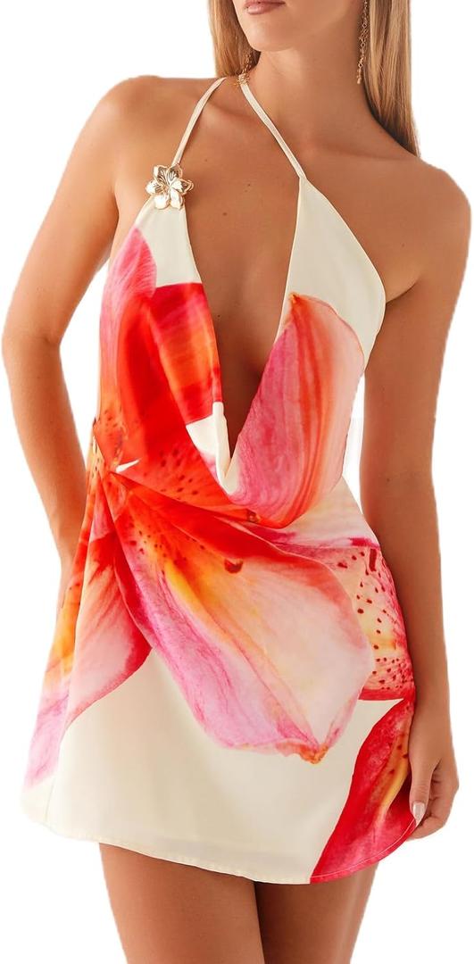 Women Y2k Halter Mini Dress Cowl Neck Sleeveless Backless Short Dress Floral Printed Club Party Cocktail Going Out Dresses (Small)