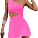 LAMISSCHE Womens Tennis Dress Built with Bra and Shorts Workout One Shoulder Mini Dress Athletic Cut Out Golf Dresses(Bright Pink,S)