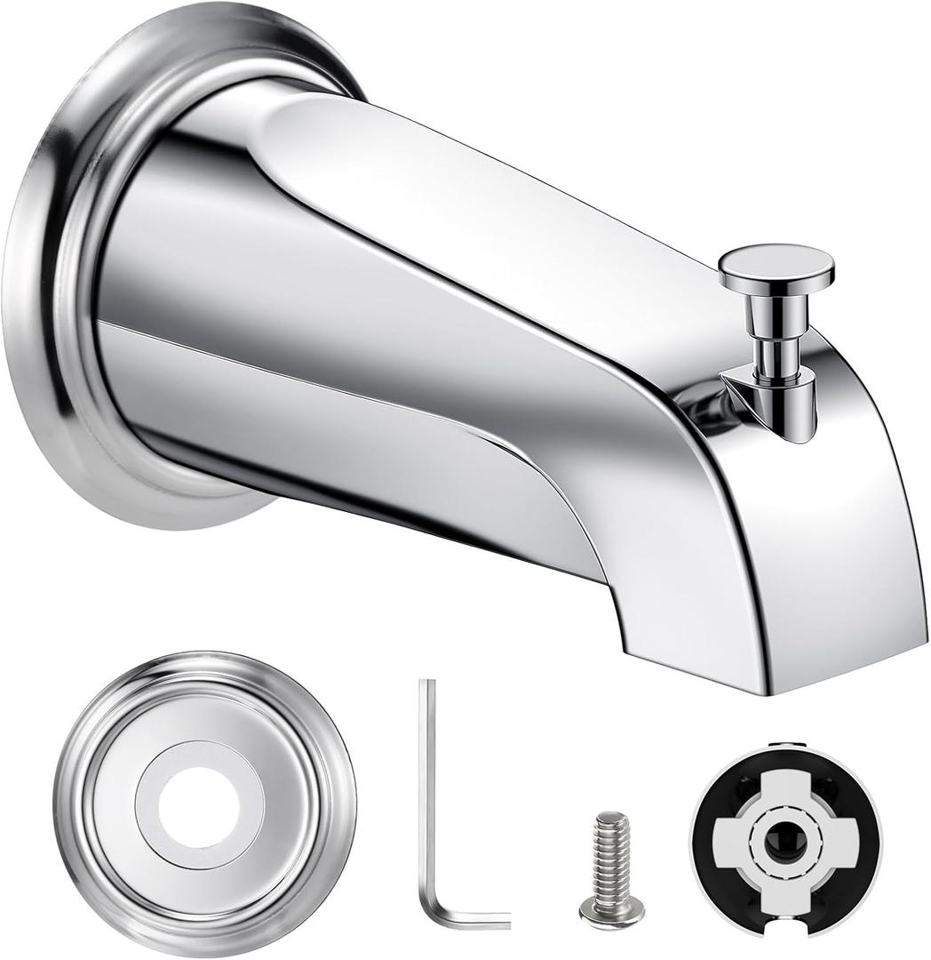 Universal Bathtub Tub Spout with Diverter, Fits 1/2" Slip-Fit Copper Pipe Connection, Pull Down Bathtub Faucet Spout Replacement, Includes Metal Cover Ring (Chrome)